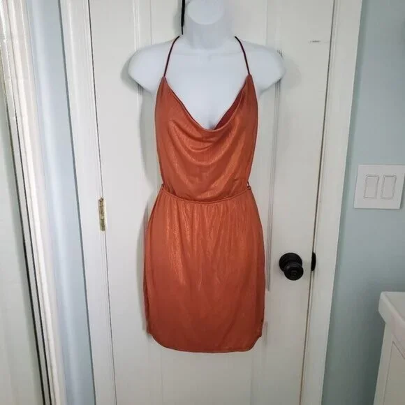 Y2K Copper Metallic Dress M Cowl Neck Mini Strappy Open Back Festival Going Out - Picture 1 of 9